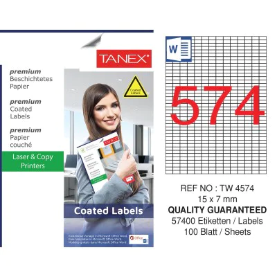 Tanex TW-4574 15x7mm Kuşe Lazer Etiket 100 Lü Paket Tanex TW-4574 15x7mm Kuşe Lazer Etiket 100 Lü Paket