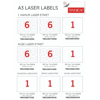 Tanex Tw-A33000 297x420mm A3 Kuşe Laser Etiket 500 Adet