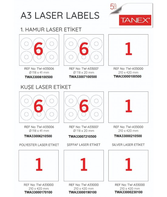 Tanex Tw-A33000 297x420mm A3 Laser Etiket 500 Adet