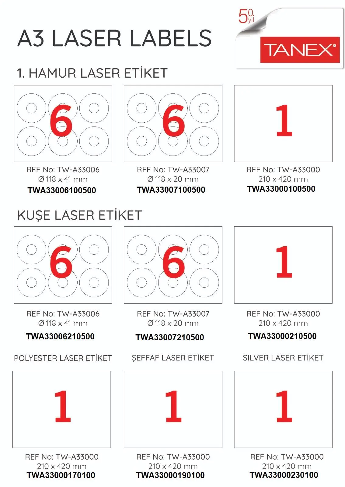 板タクページ Tanex Tw-A33000 297x420mm A3 Şeffaf Laser Etiket 100 Adet